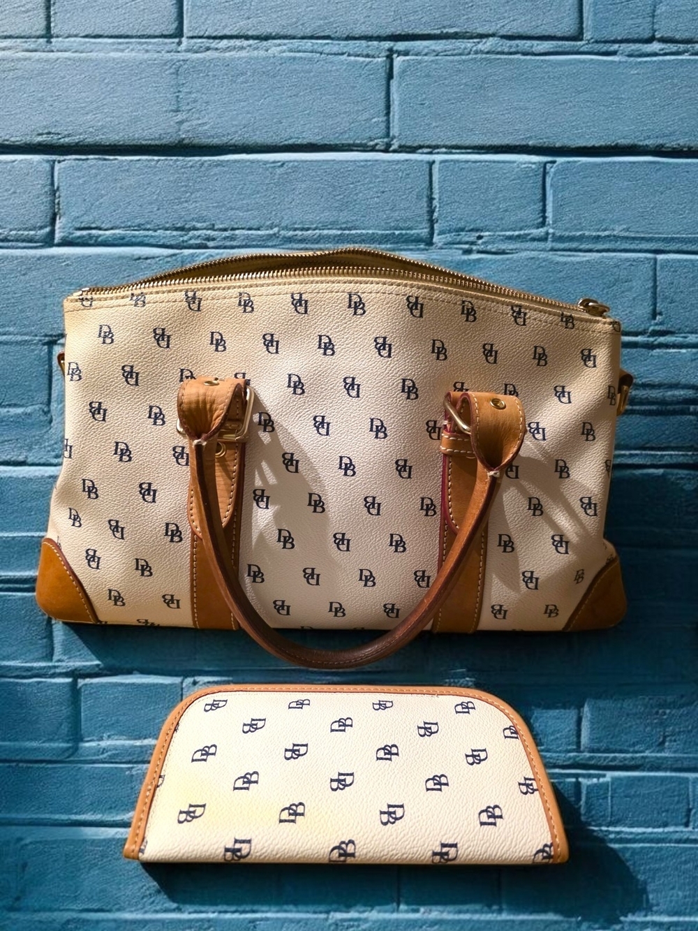 Dooney & Bourke Signature DB Monogram Satchel Tote & Matching Glass Case